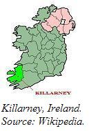 A map of Ireland highlighting County Kerry and Killarney.